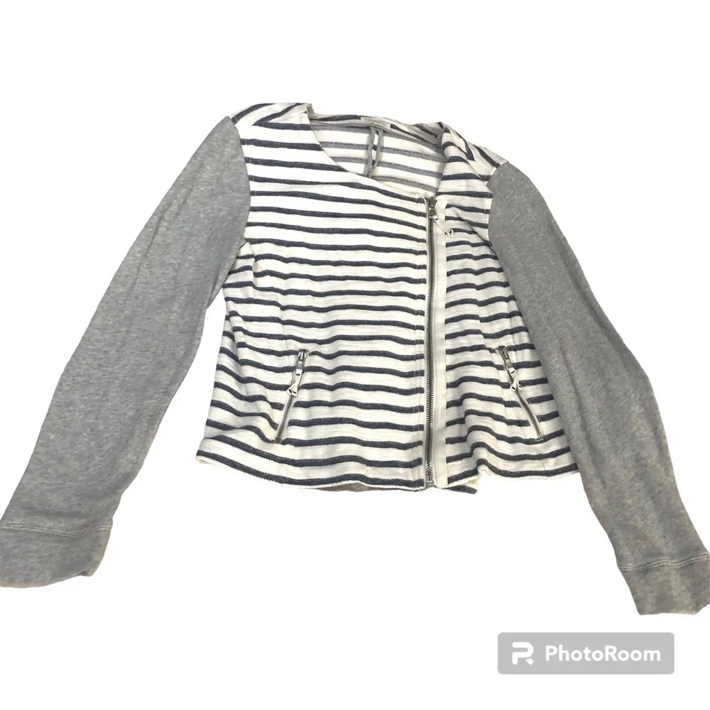 LOU & GREY Anthropologie Moto Jacket Grey & White Stripes Assymetrical Zip sz L - Picture 8 of 13